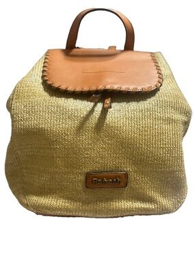 Refresh Raffia Style Backpack Vegan Leather Trim Drawstring Flap Boho